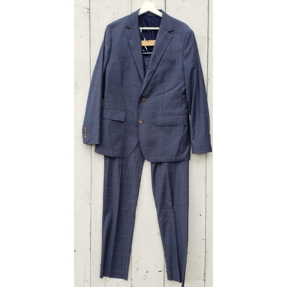 Bonobos Blue Windowpane Plaid Italian Wool Suit Blazer 40R / 34 Pants Slim Fit